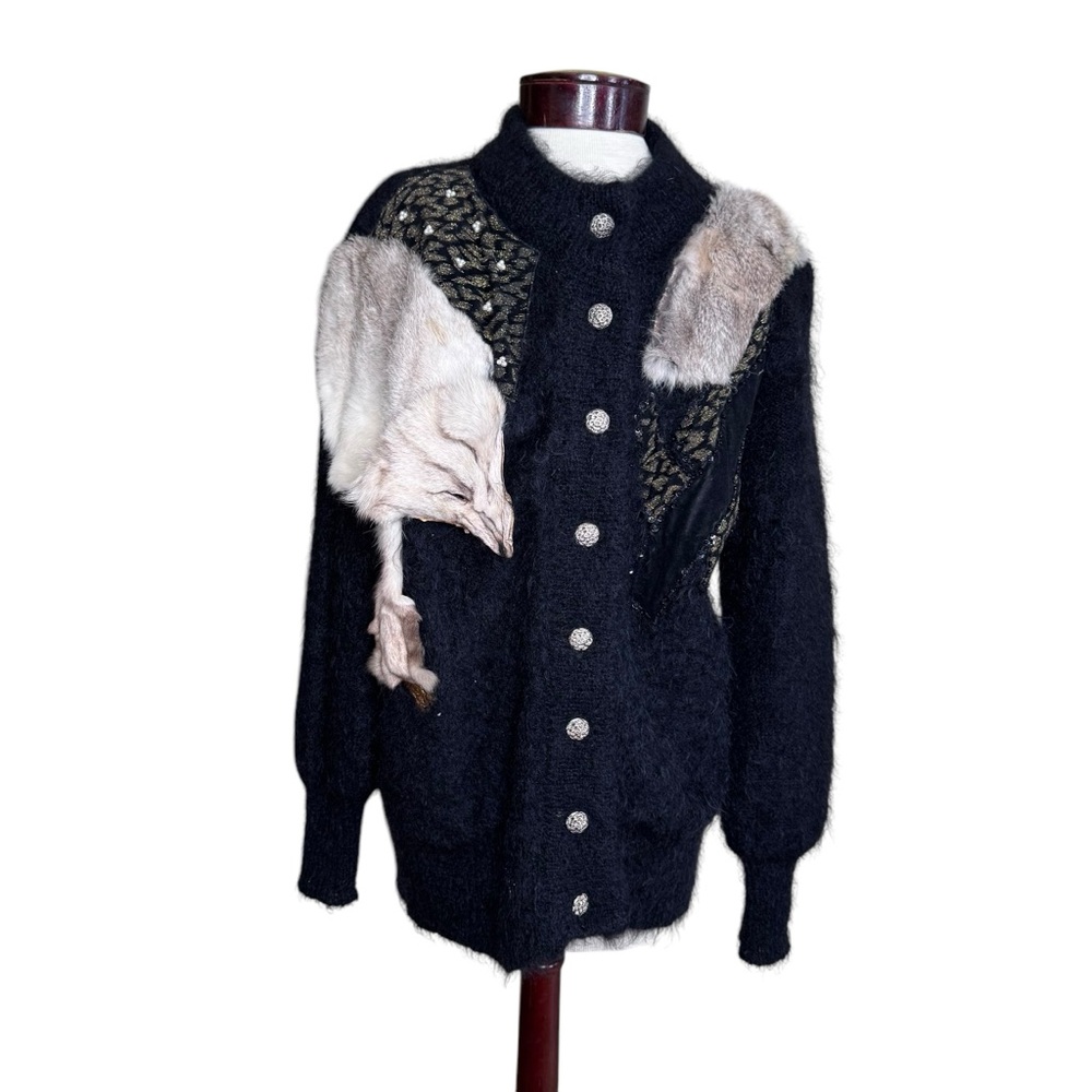 Vintage Fully Fashion Black Mohair Fur Cardigan Sweater size Medium/Large